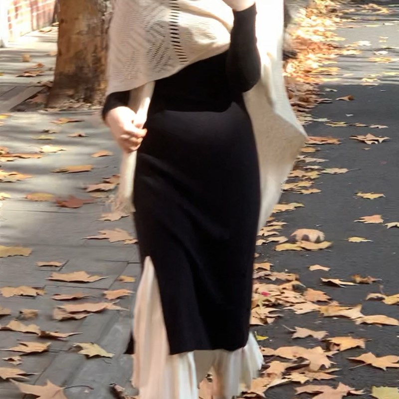 她来了复古馆黑色旗袍秋冬季国民复古盘扣新中式针织改良连衣裙女