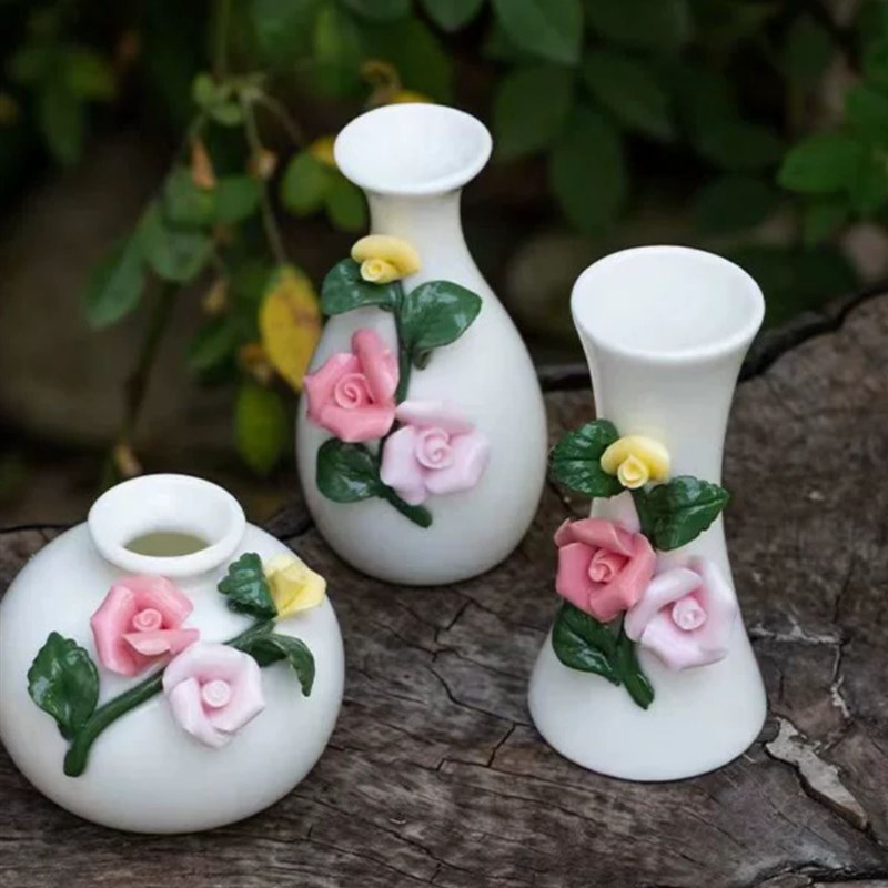 羊脂玉瓷迷你陶瓷手工工艺捏花花瓶茶桌摆件插花