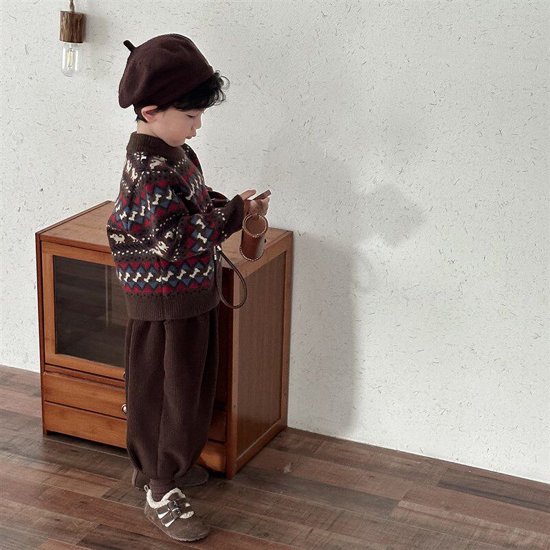 暮晨家新款冬装2024男童加厚半高领毛衣中小童复古风提花毛衣内搭