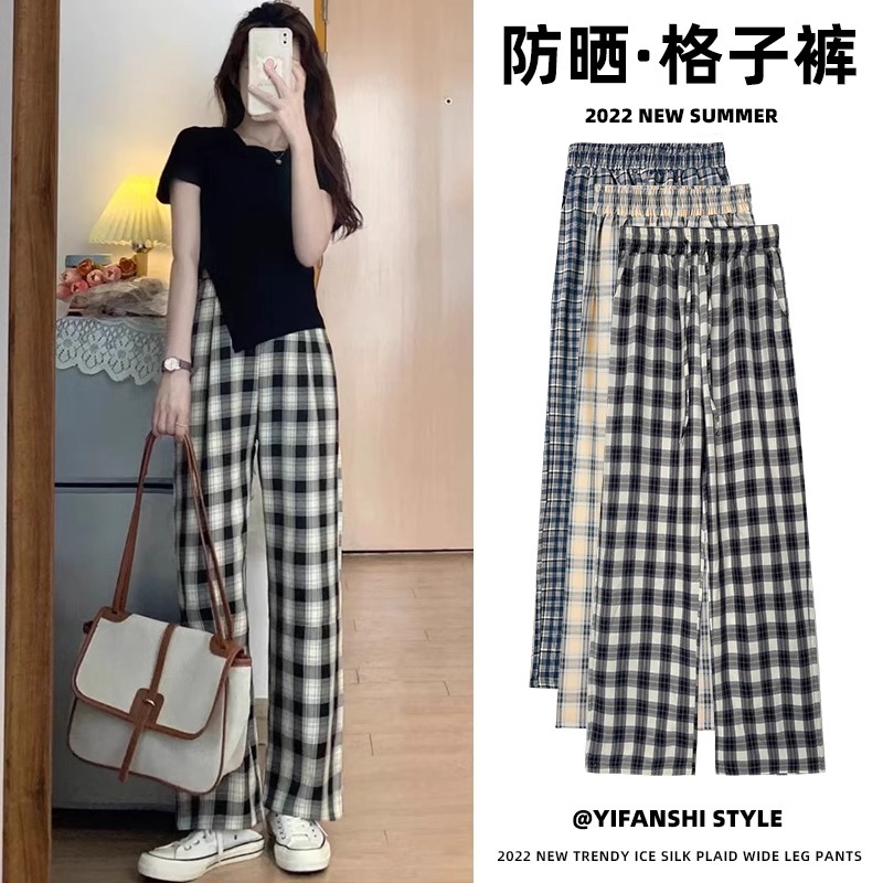 女童夏季休闲阔腿裤儿童裤子2024新款洋气夏装防蚊裤格子宽松长裤