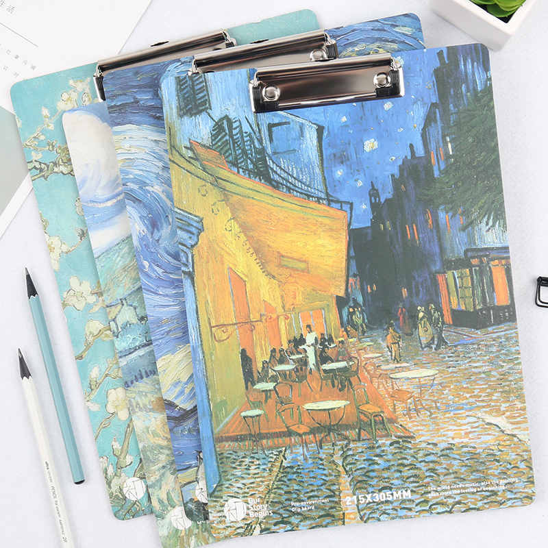 A4木质板夹西斯莱 梵高油画莫奈文件资料夹试卷夹 书写速写垫板