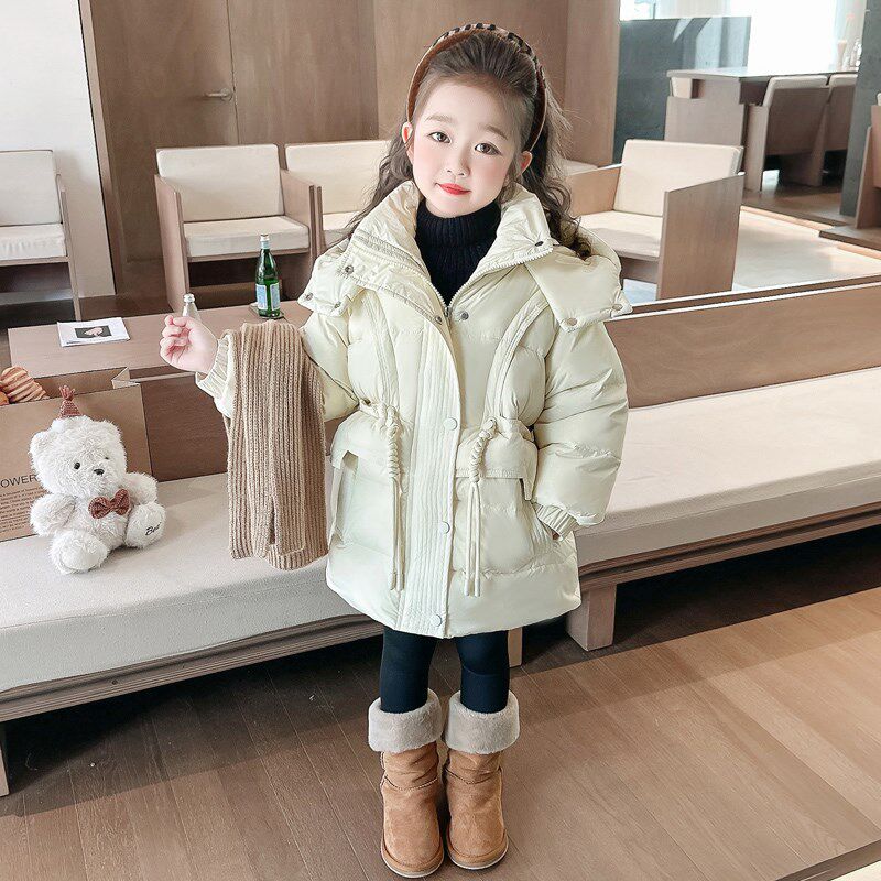 女童羽绒服2024冬季新款女宝宝抽绳中长款羽绒棉外套儿童冬装棉服