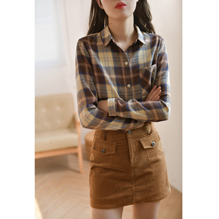 GESGOO撞色格子磨毛衬衫女秋冬2024新款休闲复古翻领叠穿衬衣内搭
