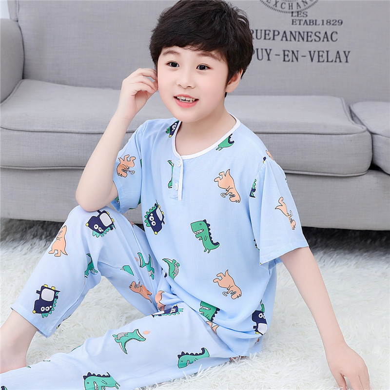 儿童短袖长裤睡衣绵绸套装夏季小孩宝宝大童男童女童长袖棉绸家居