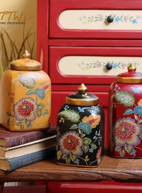 美式乡村陶瓷复古高档手绘电视柜装饰宫廷风家居玄关储物罐摆件