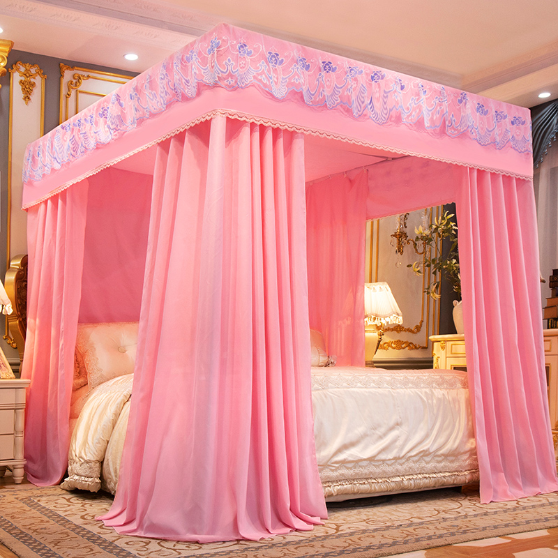 遮光蚊帐布帘一体式全封闭宫廷落地式三开门床幔防尘顶帐莎带支架