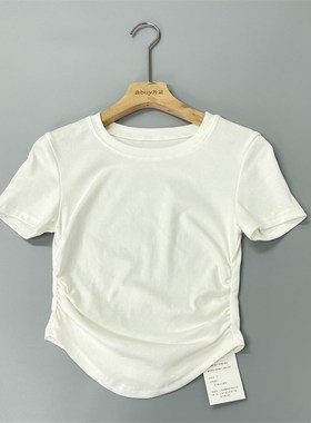 会buy欧美范性感圆领侧边褶皱收腰短袖T恤女夏短款高腰露脐打底衫