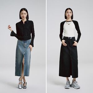 恩瑞妮2025春季新款高腰前中开叉牛仔半身裙女显瘦百搭中长款裙子