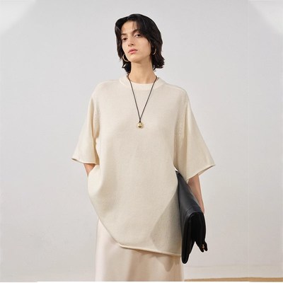 及简 ROW风时髦卷边宽松廓形短袖毛衣女中长款五分袖羊毛针织衫