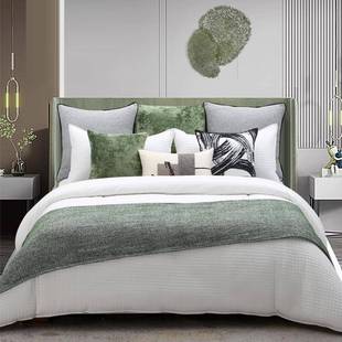 新中式样板间床品现代水墨画绿色灰色轻奢高档别墅样板房床上用品