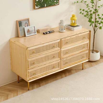北欧斗柜白蜡实木卧室柜储物柜中古抽屉柜五斗六斗储柜藤编装饰柜
