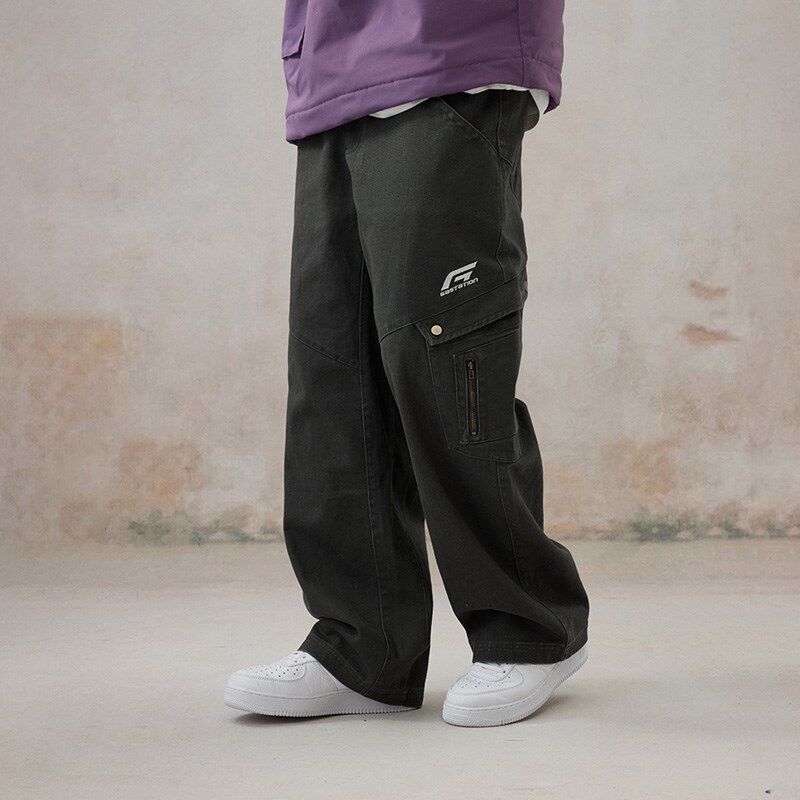 Gastation贴袋工装裤 链刀型复古版型白色绣花长裤简约男女百搭