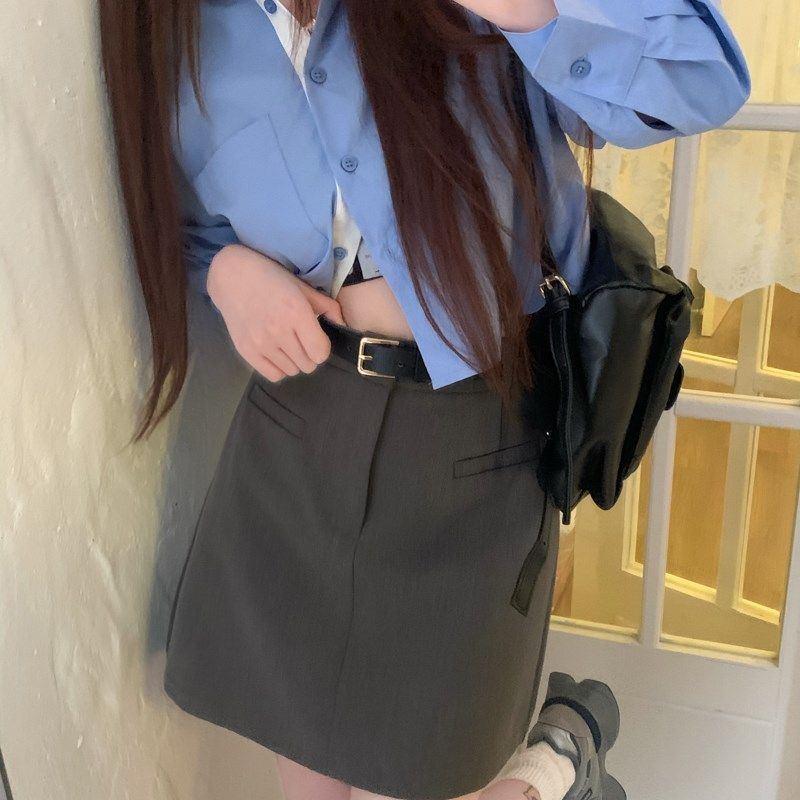 西装半身裙女春夏2024新款大码胖mm高腰显瘦遮胯a字裙灰色短裙子