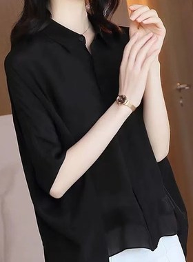 2025年夏季法式黑色短袖衬衣大码女装高端宽松上衣遮肚子雪纺衬衫