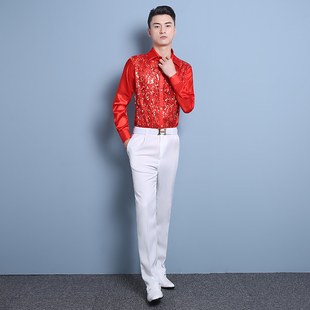 彩色亮片衬衫舞台演出男士衬衣广场舞大合唱表演主持歌手服装大码