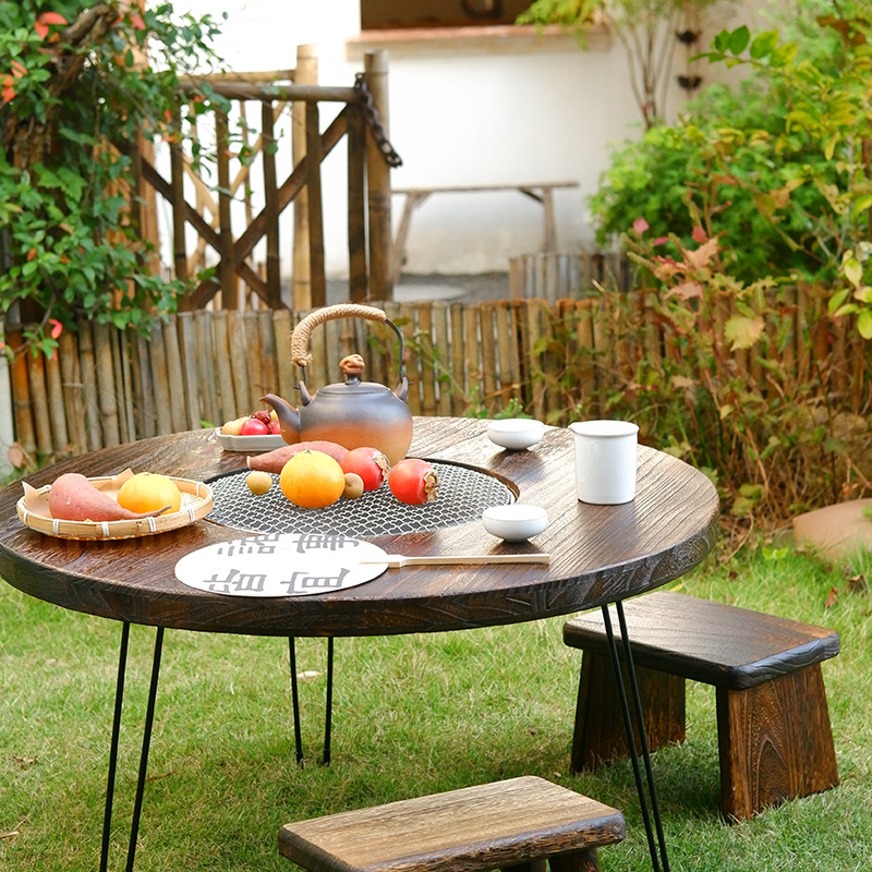 实木围炉煮茶桌露营户外烧烤火锅阳台家用炭火小圆桌火锅桌小茶桌