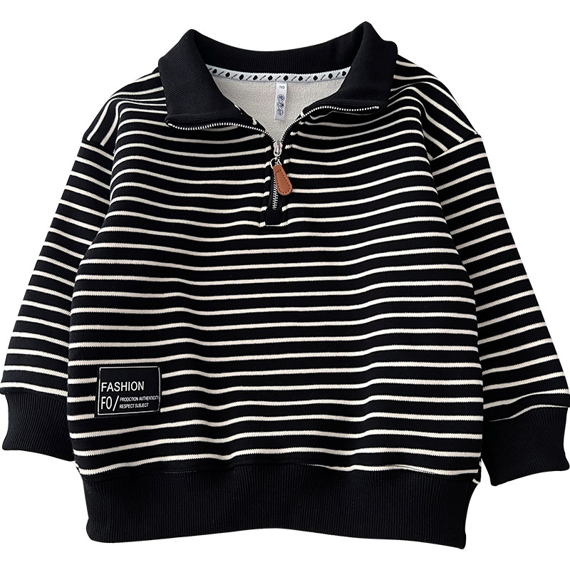 比毛衣还保暖~秋冬男童条纹半拉炼加绒卫衣中大童高领针织套头衫