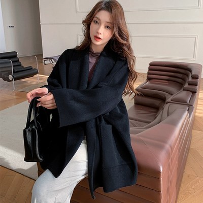 高端澳毛羊驼绒大衣女短款小个子翻领宽松双面呢羊毛白色毛呢外套