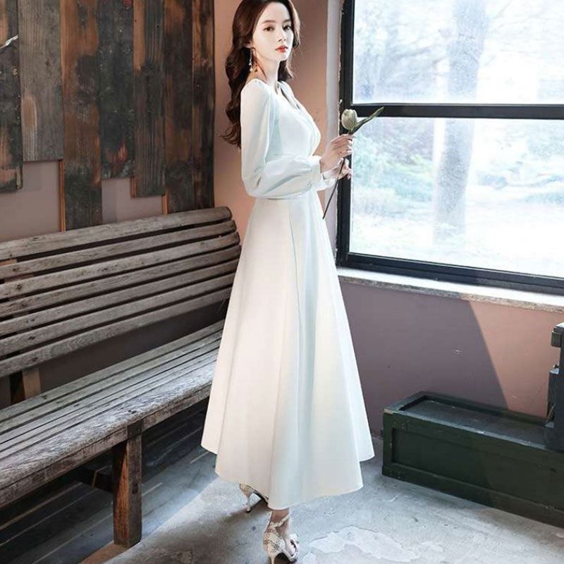 白色晚礼服日常简约大方订婚连衣裙长袖敬酒服新娘领证长款裙子