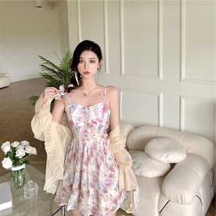 大码女装夏季新款法式甜美粉碎花吊带连衣裙开衫胖mm气质仙女短裙