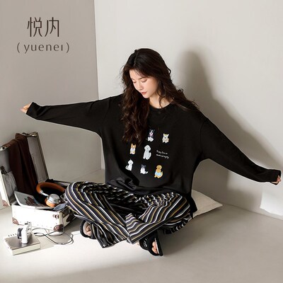 悦内睡衣女款春秋款秋季长袖纯棉家居服秋冬季可出门外穿圆领套头