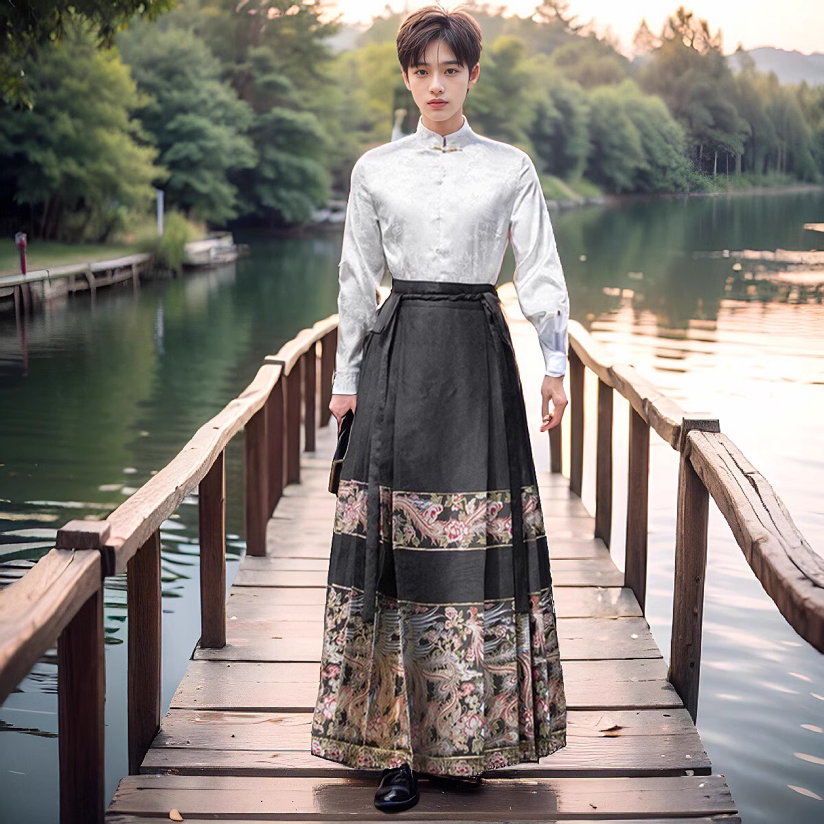 年轻人唐装国潮套装男款高端龙飞凤舞织金马面裙春夏款汉服中国风