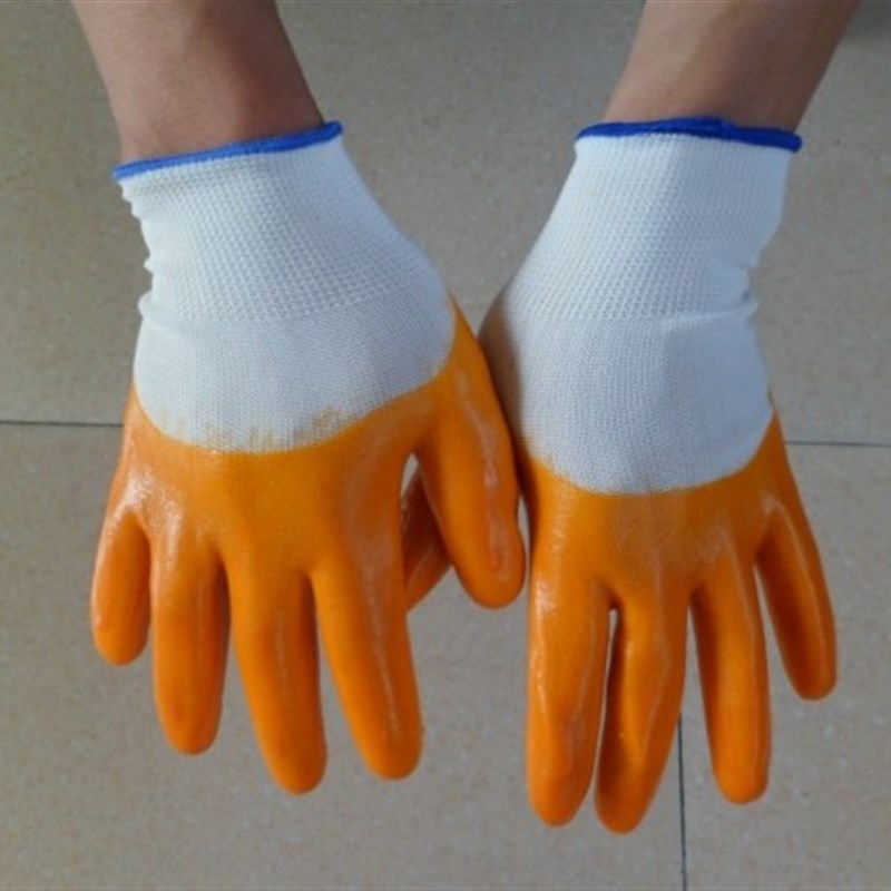24双包邮PVC全挂浸胶劳保手套牛筋手套建筑水泥耐碱黄胶手套