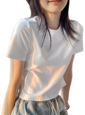 显高显瘦白色短袖t恤女修身短款圆领打底衫百搭休闲体桖纯棉上衣