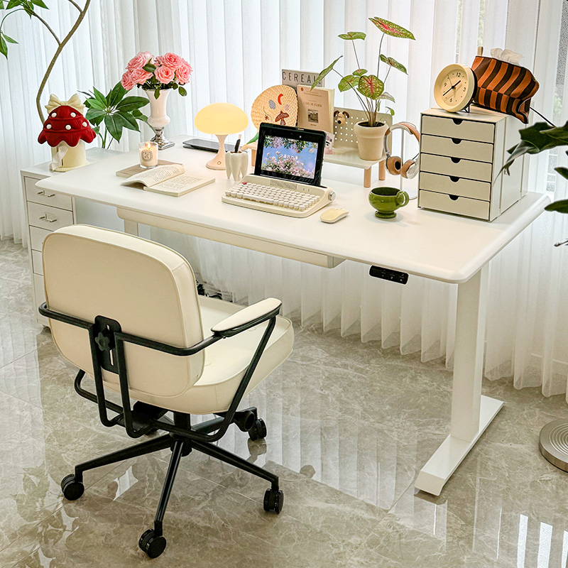 爱特屋白色实木电动升降桌带抽屉家用电脑桌办公桌智能奶油风书桌