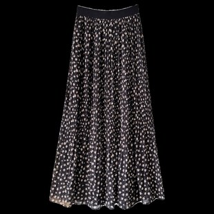 黑色碎花雪纺半身裙女春夏季薄款长款两件套装高级感a字百褶裙子