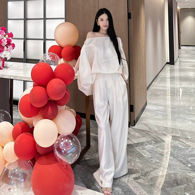 时尚套装女2024春秋气质女神范轻熟风高级感露肩上衣阔腿裤两件套,女装/女士精品,时尚套装,淘宝优惠券,粉丝福利购,淘宝优惠卷