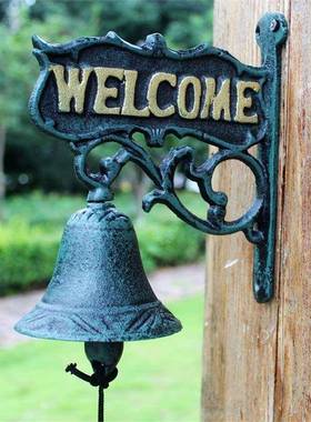 欧无品牌/乡村复古欢光临双迎面挂牌门牌铁铁铸艺门铃北手摇铃铛