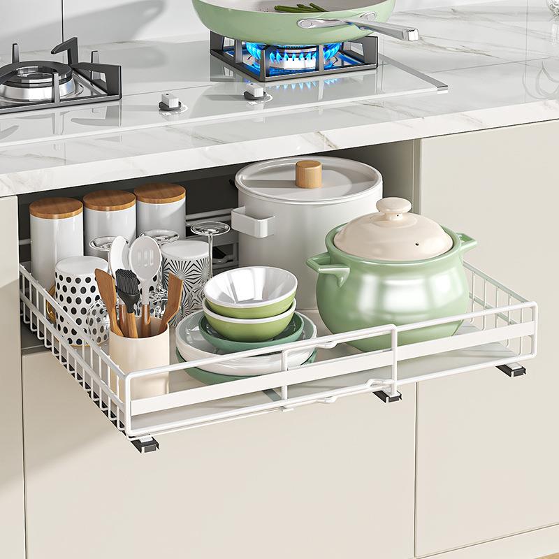厨房收纳拉橱物柜内屉置物架可抽伸缩免打20227孔抽篮下水槽储盒
