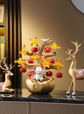 新中式高档鹿居摆件客宝厅玄关招财猫钱发财摇树元装饰乔金色招财