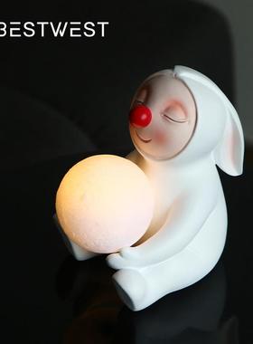 博家居可爱红鼻子兔娃床头小西夜娃灯摆件家居客厅桌面树脂BX-021