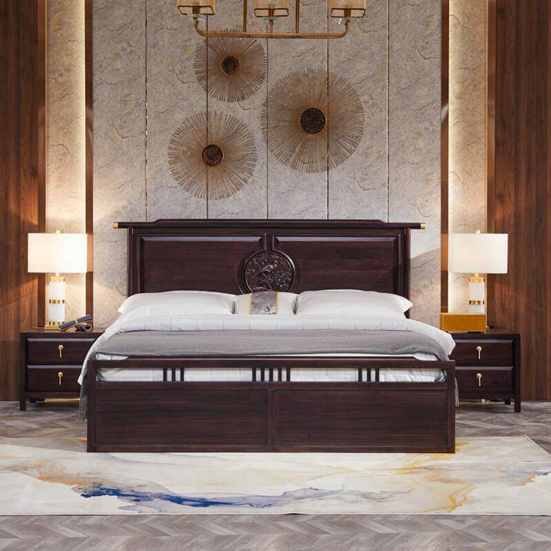 新中式乌金木双人床1.8米主卧婚床全实木床2米卧室家具全屋