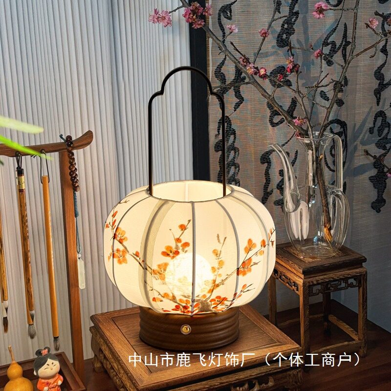 中古风手绘布艺便携式手提台灯宋式美学触控客厅玄关实木装饰台灯