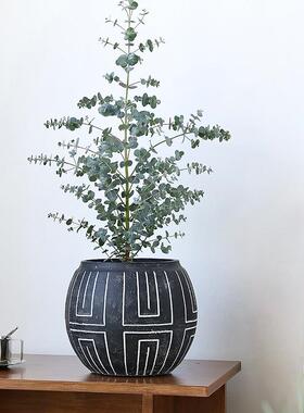 黑色水泥灯笼花盆中尺寸可落地可桌面装饰复古几何线条创意植物盆