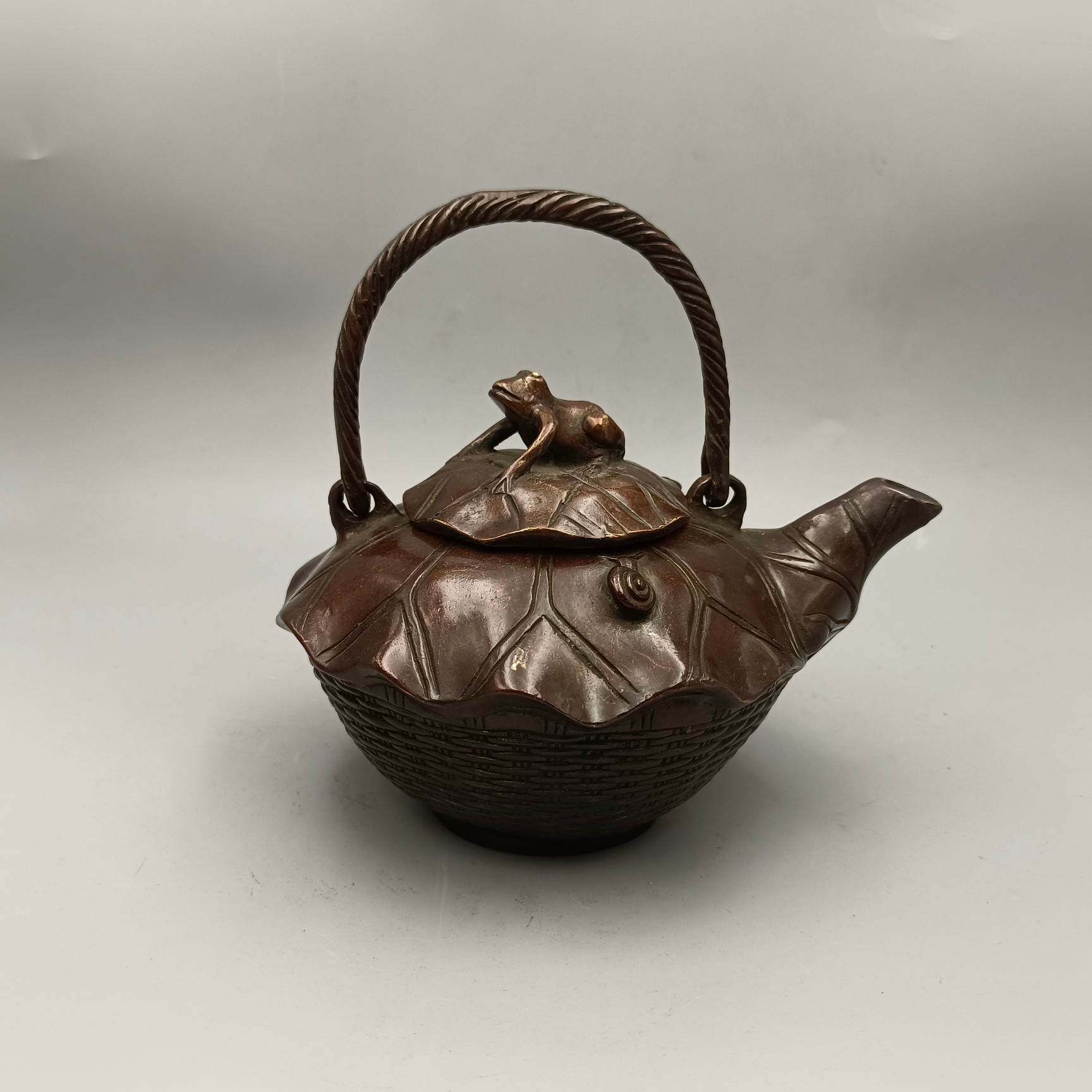 仿古荷叶青蛙蜗牛铜酒壶古玩铜器收藏铜摆件家居装饰工艺品批发