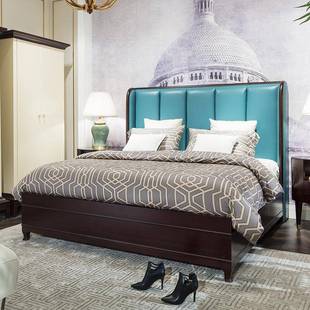 轻奢美式 皮艺床大小户型主卧1.8M实木双人床 真皮床简约现代风格