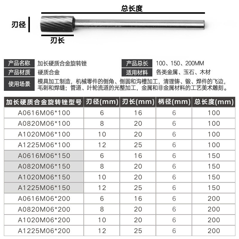 曼沙锐A型加长柄硬质合金旋转锉钨钢铣刀打磨头木工金属雕刻工具1