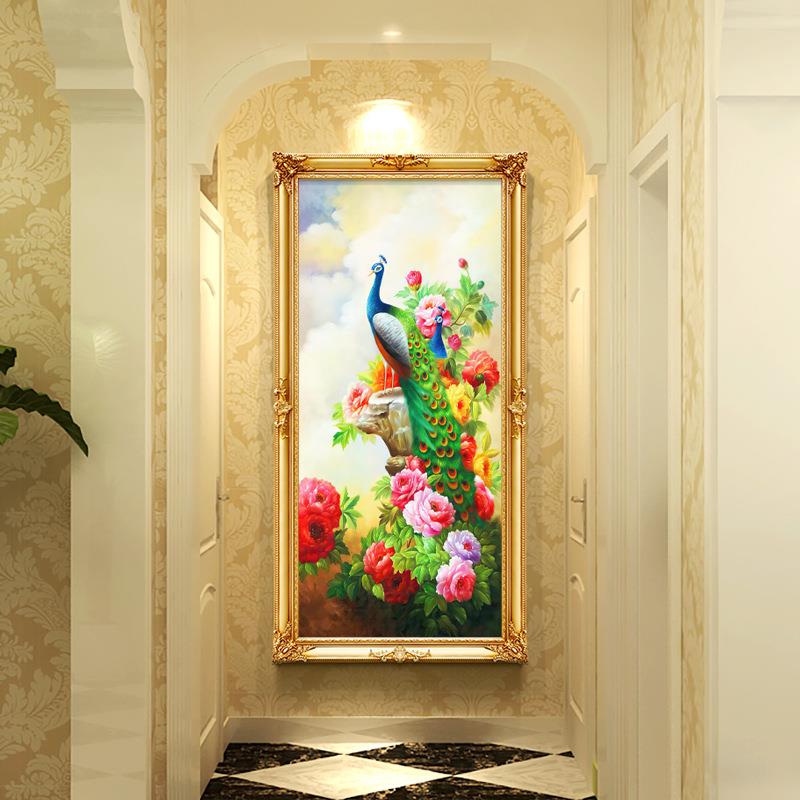 欧式入户玄关装饰画动物孔雀油画简欧美式走廊过道挂画壁画