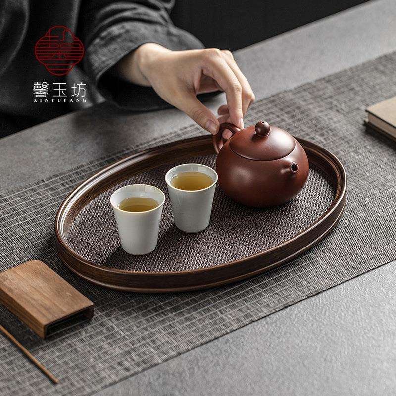椭圆竹制托盘复古编织席面茶托小干泡台日式藤编收纳盘新品