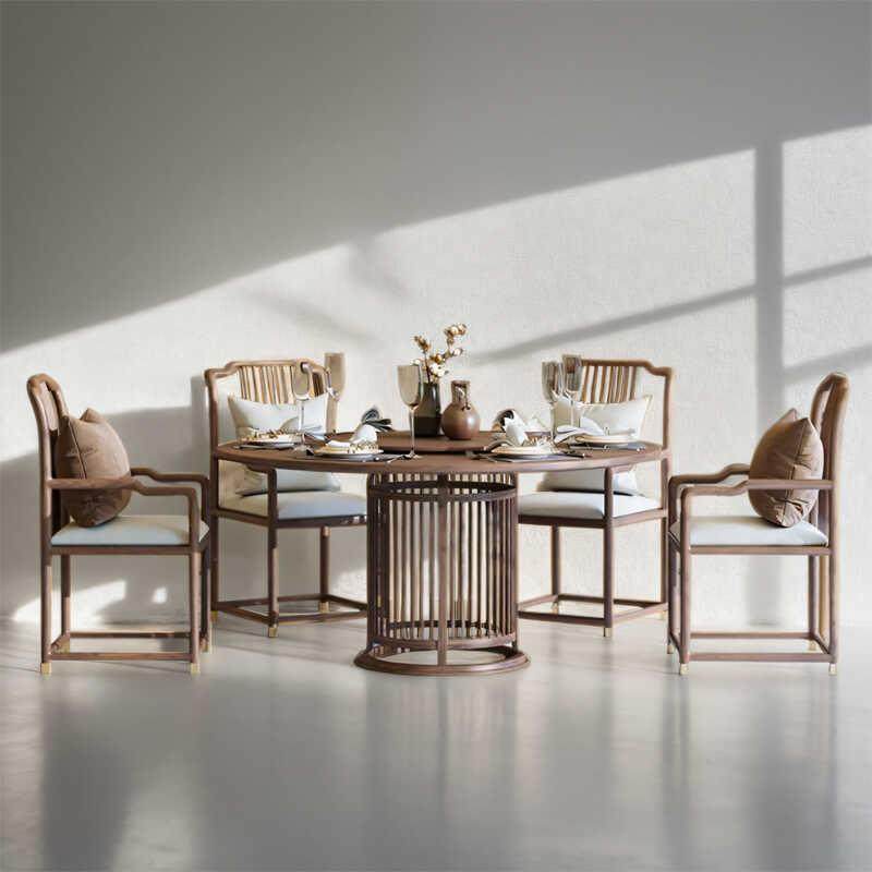 新中式黑胡桃原木家用圆餐桌北美进口实木客餐厅内嵌岩板转盘圆桌