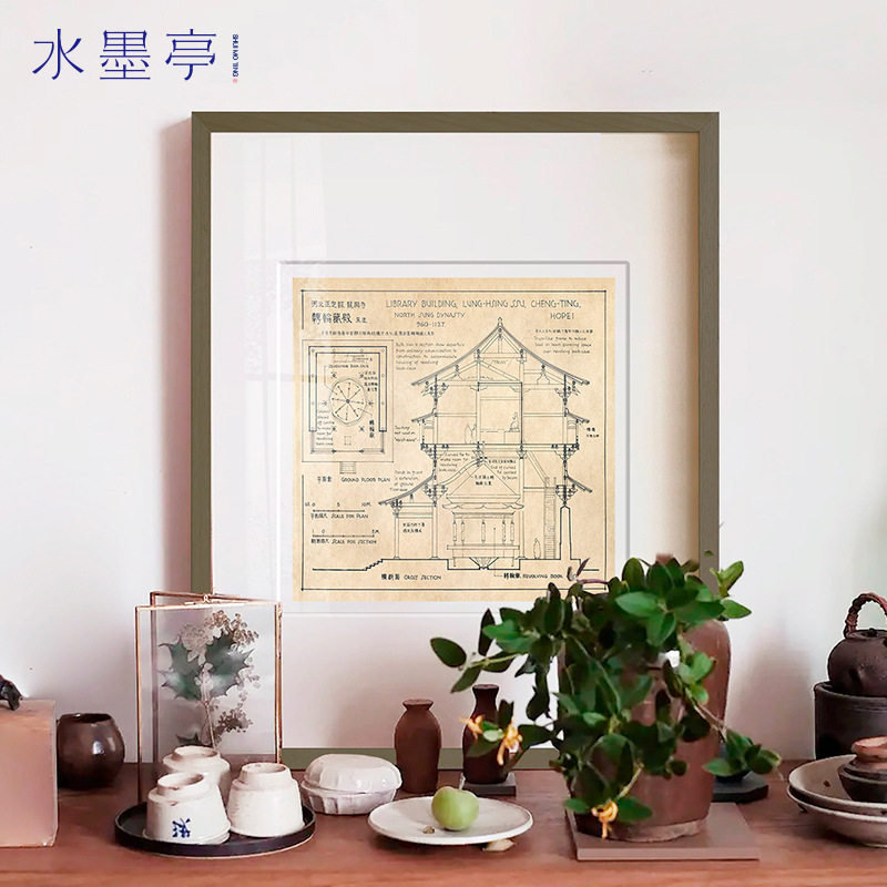 梁思成·图像中国古建筑史手稿新中式玄关柜装饰画书房城市挂画