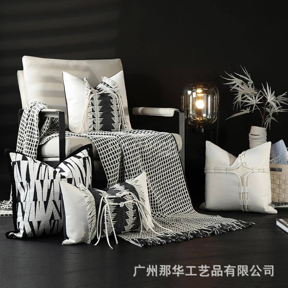 轻奢风黑白抱枕套PU样板间柔软提花布靠枕沙发靠垫高级感热卖