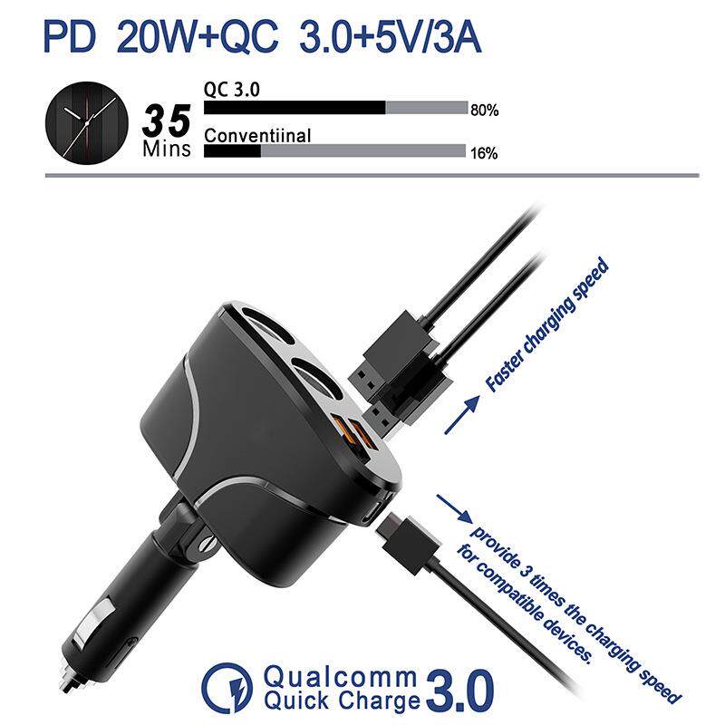 车载点烟器一拖二QC3.0/PD快充120瓦TR35大功率12V/24V汽车充电器