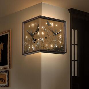 百蝶图客厅转角挂钟中古风拐角双面创意时钟壁灯复古艺术挂墙钟表