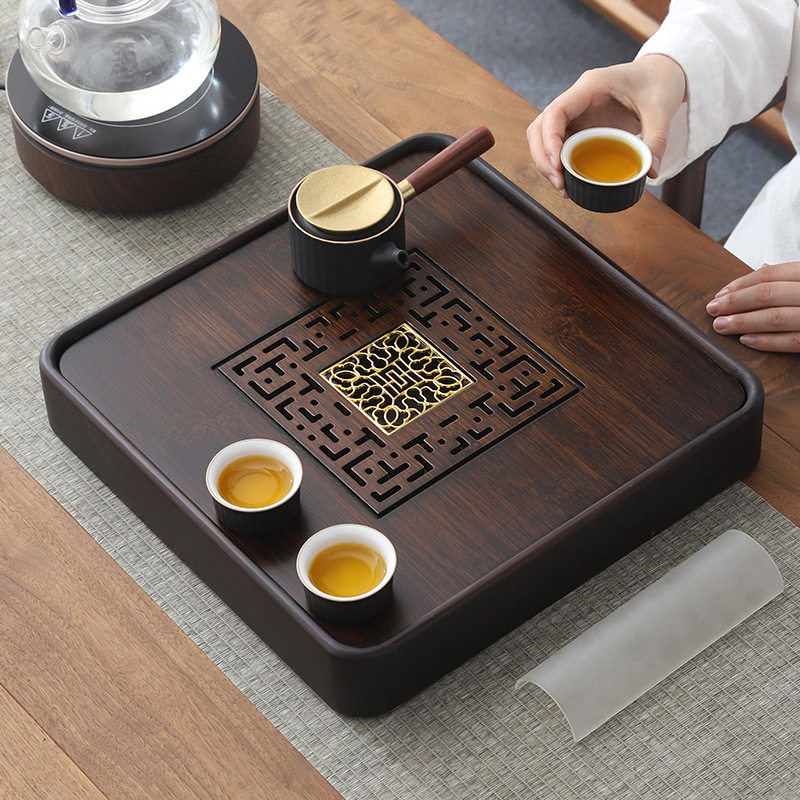 竹四方形茶盘家用排水两用简易托盘实木茶具干泡小型储水式小茶z^