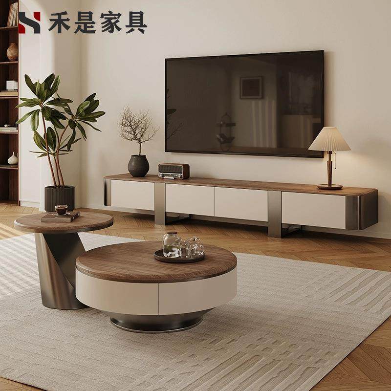 现代简约客厅家用轻奢实木不锈钢圆茶几电视柜组合中古风设计师款